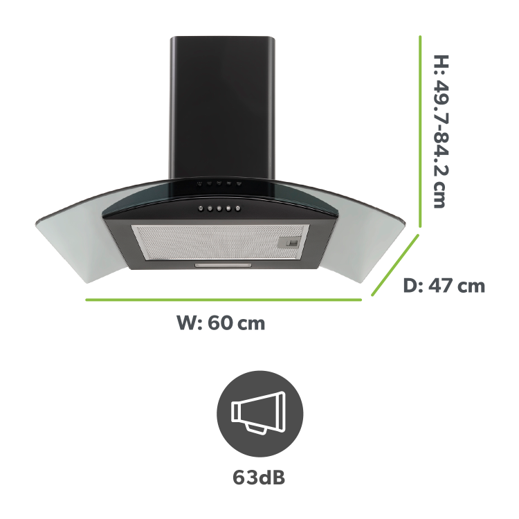 electriQ 60cm Curved Glass Cooker Hood - Black