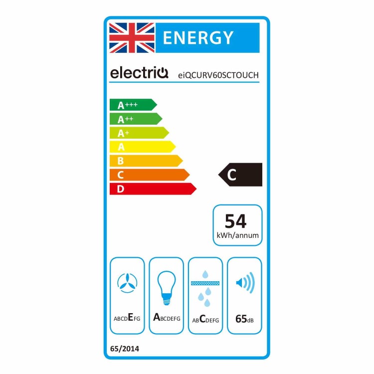 Refurbished electriQ EIQCURV60SCTOUCH 60cm Curved Glass Touch Control Chimney Cooker Hood Stainless Steel