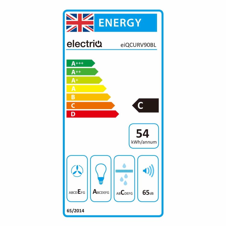 electriQ 90cm Curved Glass Push Button Chimney Cooker Hood - Black