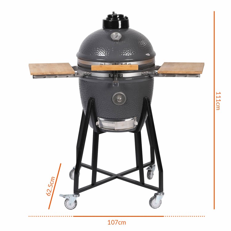 GRADE A2 - 18 Inch Charcoal Ceramic Kamado Style Kettle Grill Egg BBQ in Grey with Wooden Shelves - LAST FEW REMAINING