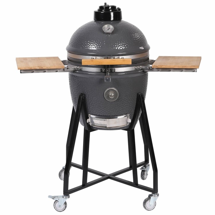 GRADE A2 - 18 Inch Charcoal Ceramic Kamado Style Kettle Grill Egg BBQ in Grey with Wooden Shelves - LAST FEW REMAINING