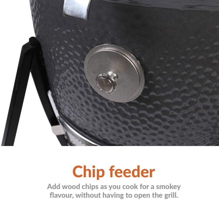 GRADE A2 - 18 Inch Charcoal Ceramic Kamado Style Kettle Grill Egg BBQ in Grey with Wooden Shelves - LAST FEW REMAINING