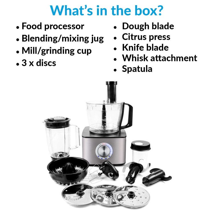 electriQ 10-in-1 1100W Multifunctional Food Processor with Blender in Stainless Steel and Black