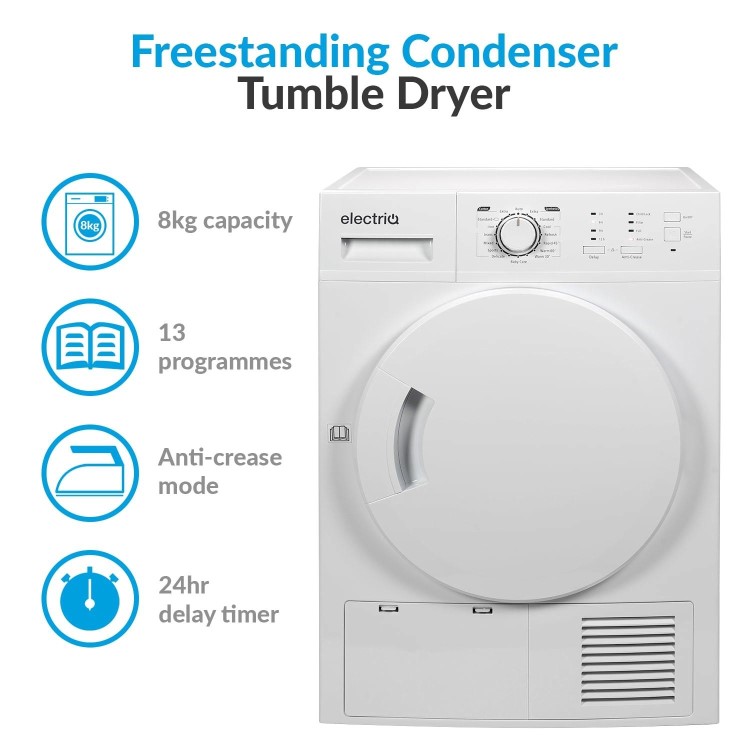GRADE A2 - electriQ 8kg Freestanding Condenser Tumble Dryer - White