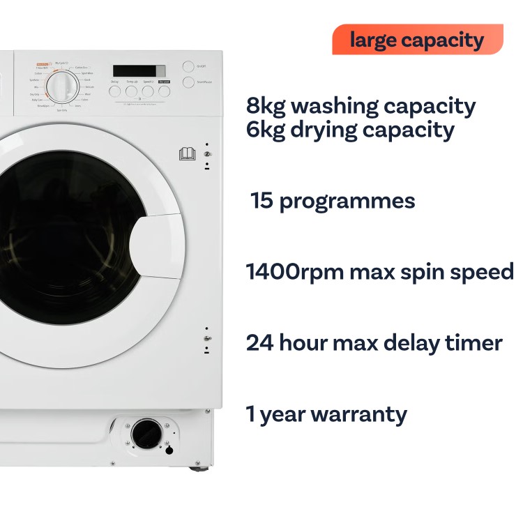 Refurbished electriQ EIQINTWD148 Integrated 8/6KG 1400 Spin Washer Dryer White