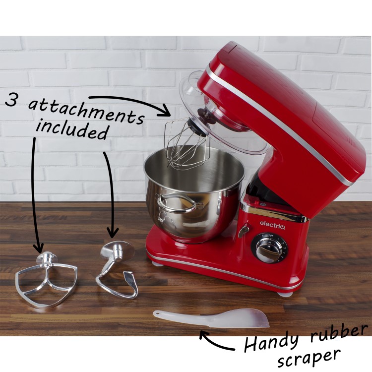 GRADE A1 - electriQ 5.2L 1500W Stand Mixer with 3 Mixing Attachments - Red