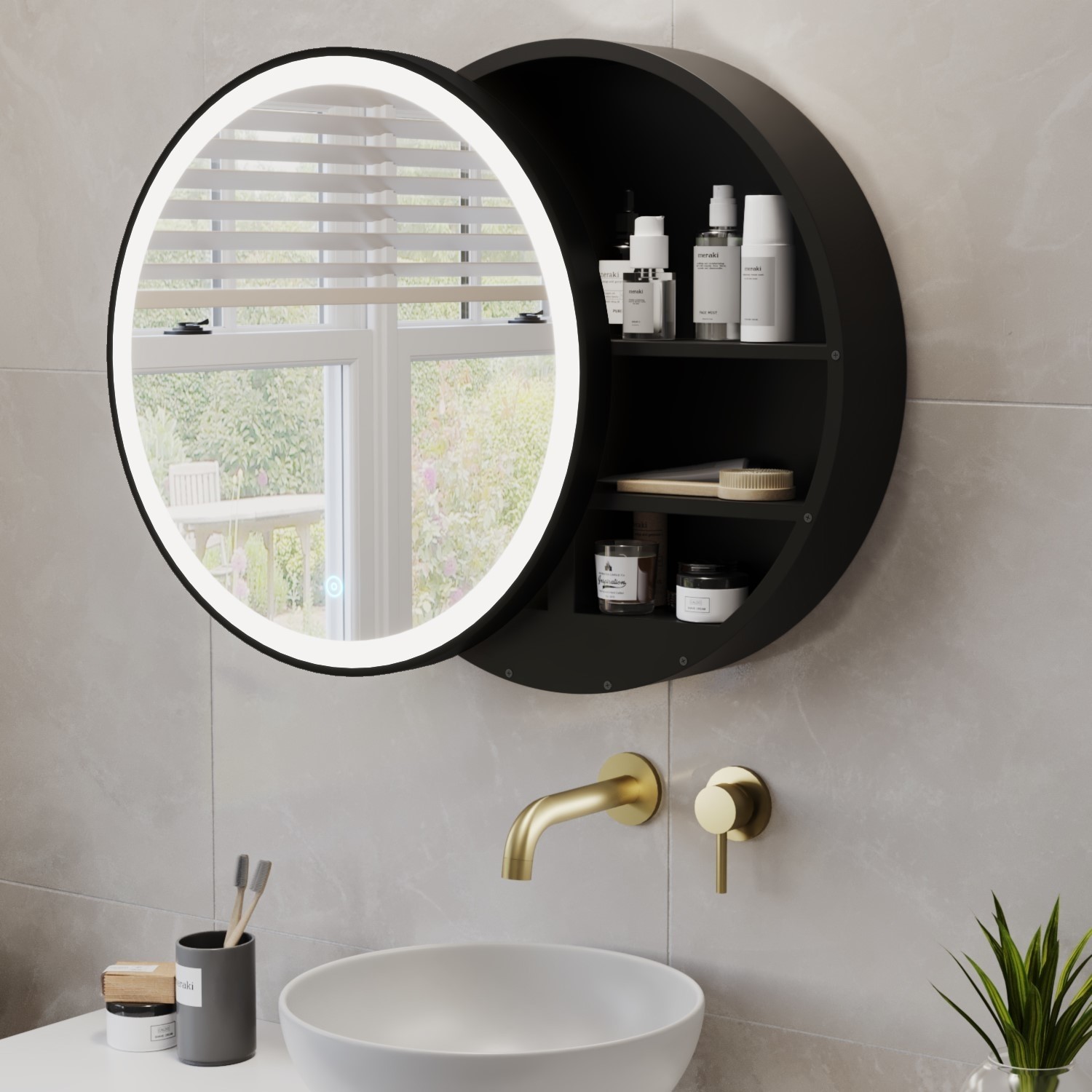 Elara  Sliding Bathroom Mirror Cabinet With Lights 600 X 600Mm ELARA600A