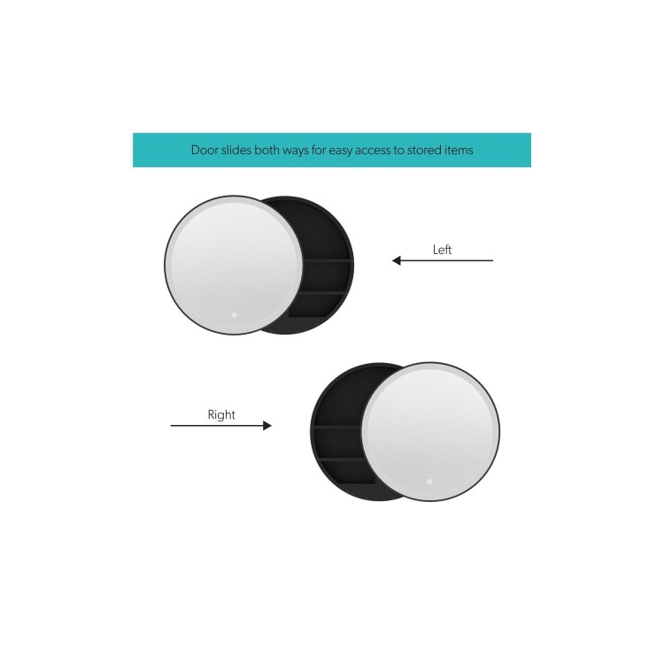 Black Sliding Mirrored Bathroom Cabinet with Lights 600 x 600mm - Elara