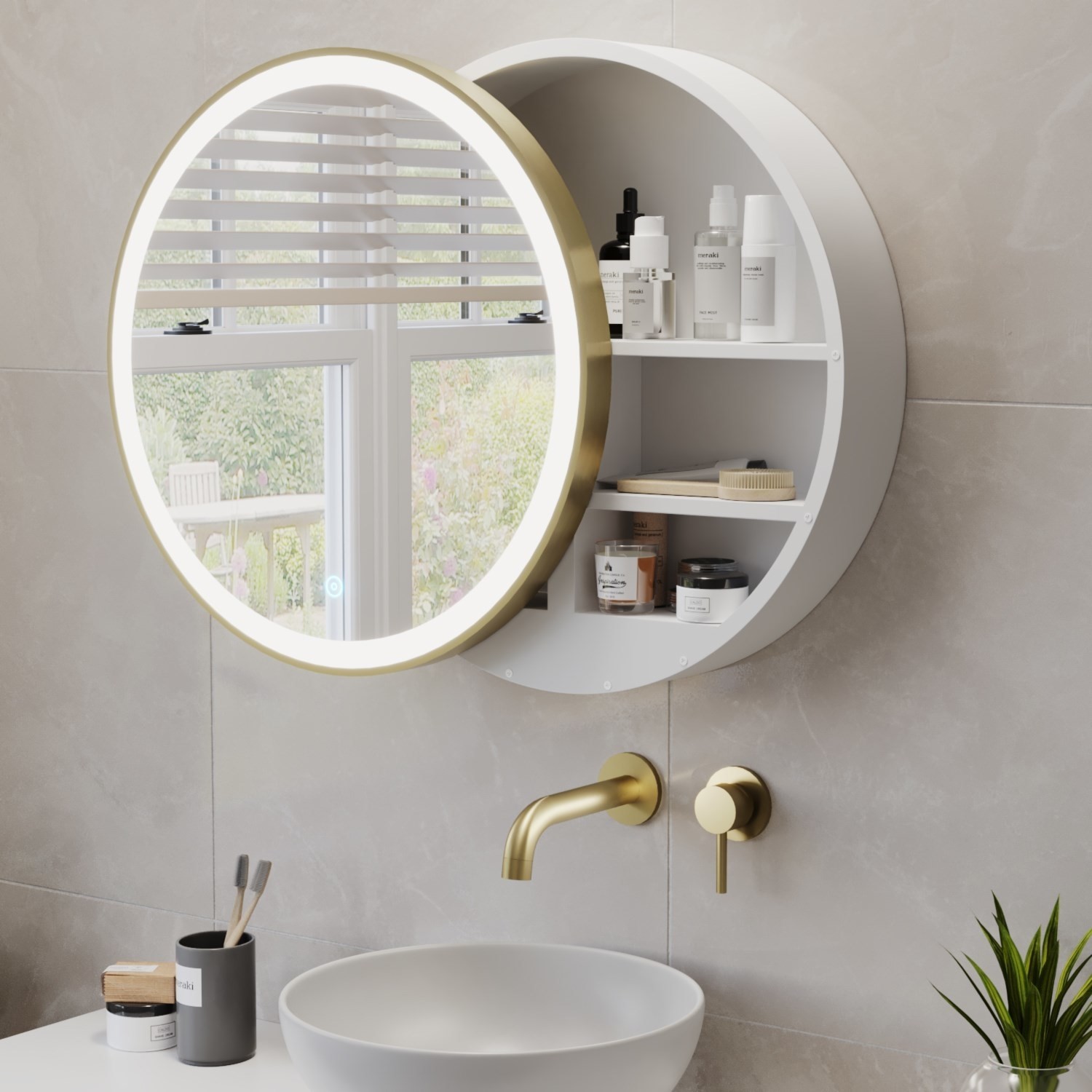 Elara Brass Sliding Bathroom Mirror Cabinet With Lights 600 X 600Mm ELARABB600A