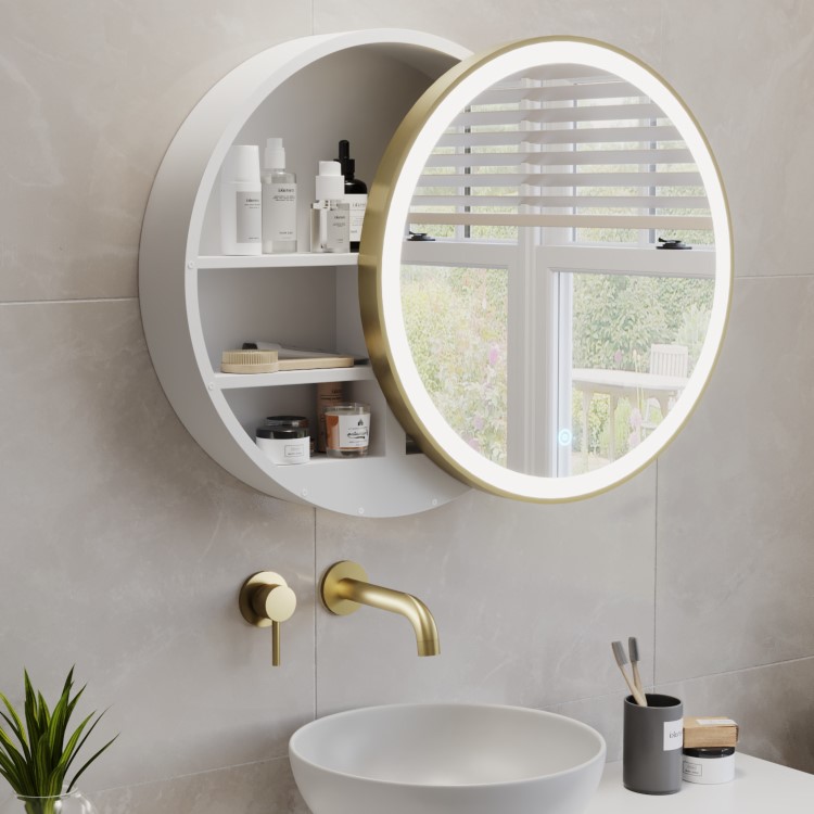 ONLY OPENED - Brass Sliding Mirrored Bathroom Cabinet with Lights 600mm - Elara