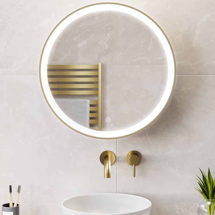 ONLY OPENED - Brass Sliding Mirrored Bathroom Cabinet with Lights 600mm - Elara