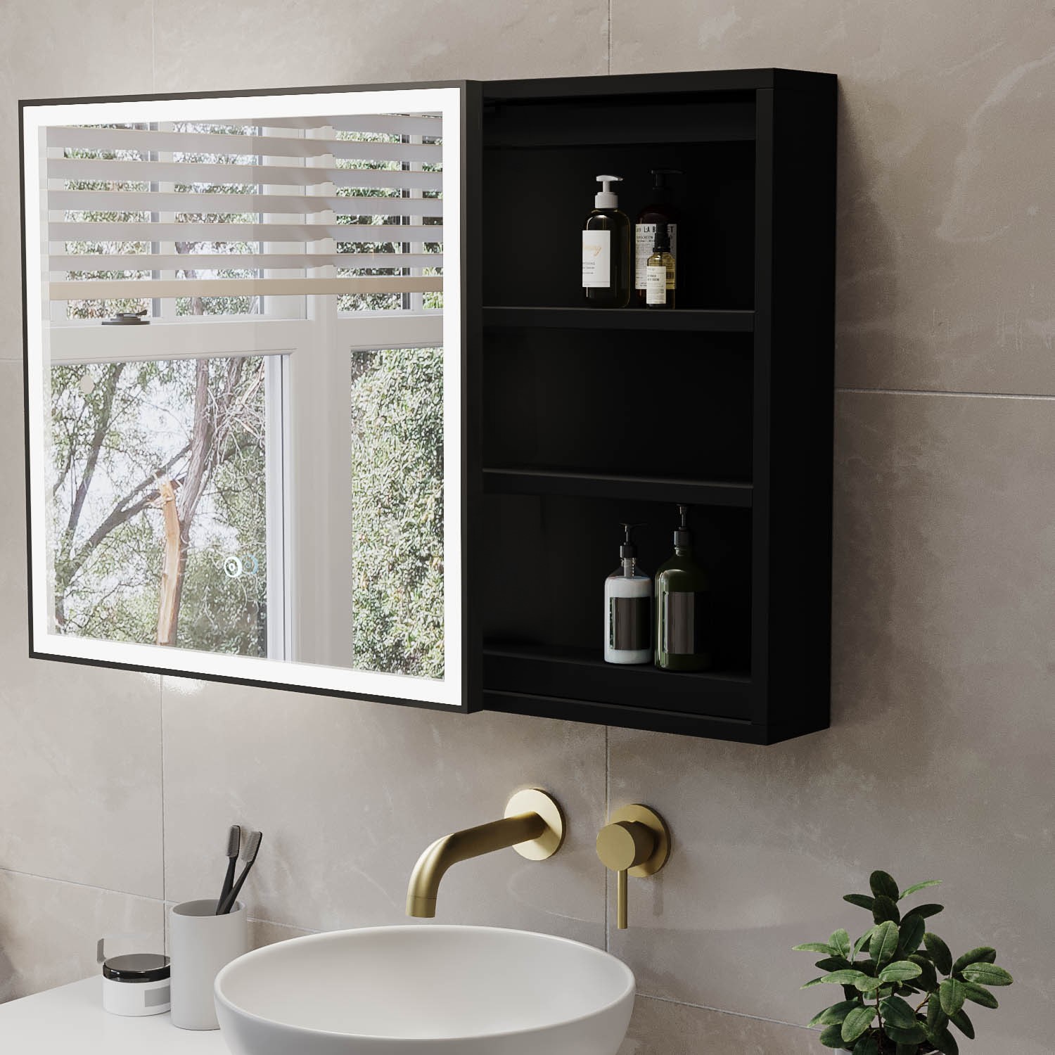 Black Sliding Recessed Bathroom Mirror Cabinet with Lights 600 x 600mm - Elara