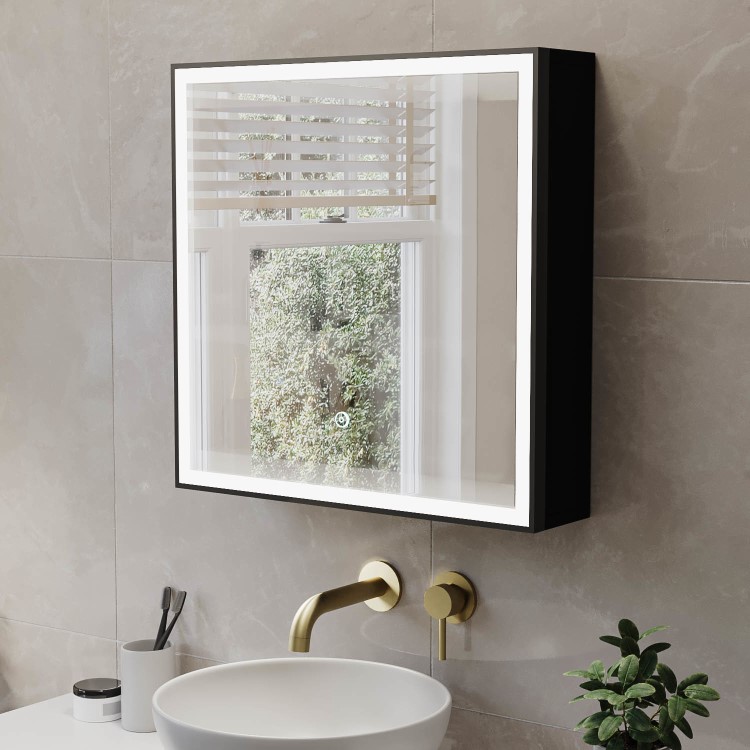 Black Sliding Square Mirrored Bathroom Cabinet with Lights 600 x 600mm - Elara