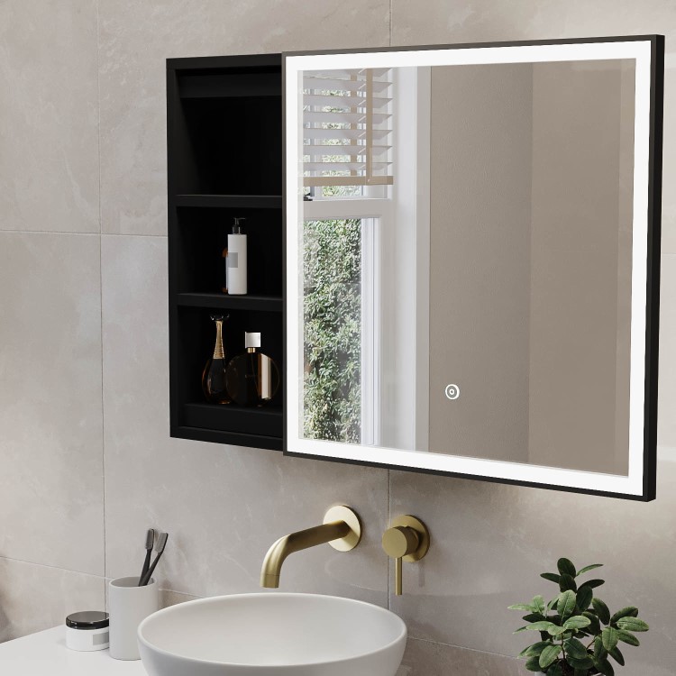 Black Sliding Square Mirrored Bathroom Cabinet with Lights 600 x 600mm - Elara