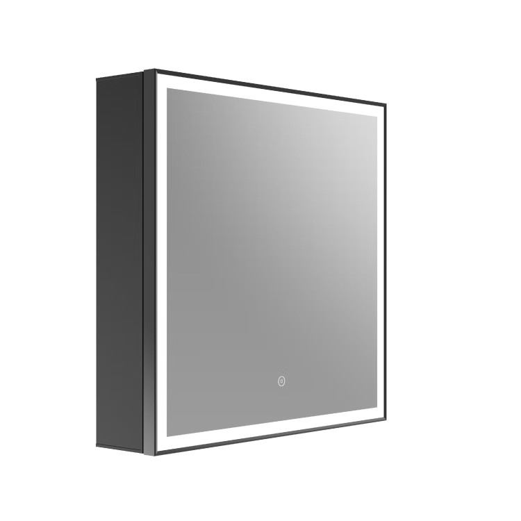 Black Sliding Square Mirrored Bathroom Cabinet with Lights 600 x 600mm - Elara