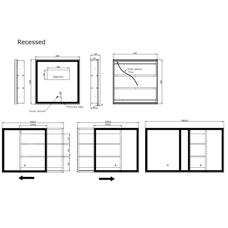 Black Sliding Square Mirrored Bathroom Cabinet with Lights 600 x 600mm - Elara