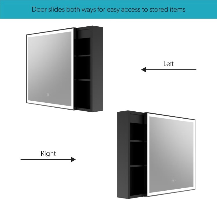 Black Sliding Square Mirrored Bathroom Cabinet with Lights 600 x 600mm - Elara