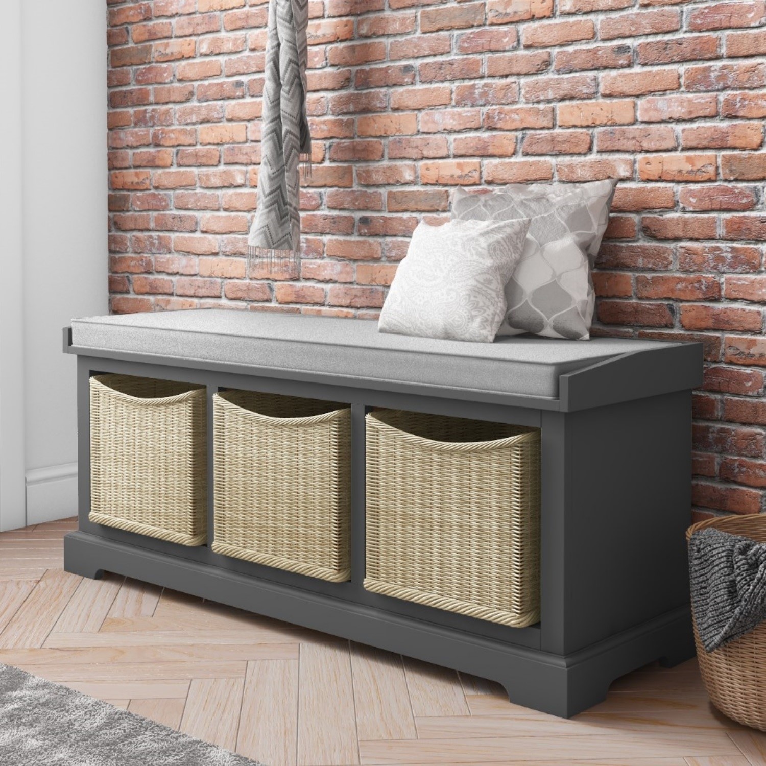 Grey Shoe Rack With Seat Storage Bench Wicker Baskets Elms Elm002 Ebay