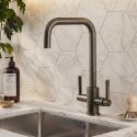 ELWDLABSQ Antique Brass Dual Lever Monobloc Square Kitchen Mixer Tap - Enza Elwood