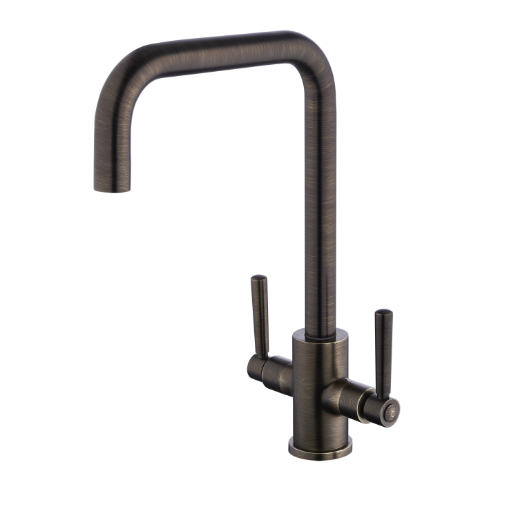 Antique Brass Dual Lever Monobloc Square Kitchen Mixer Tap - Enza Elwood