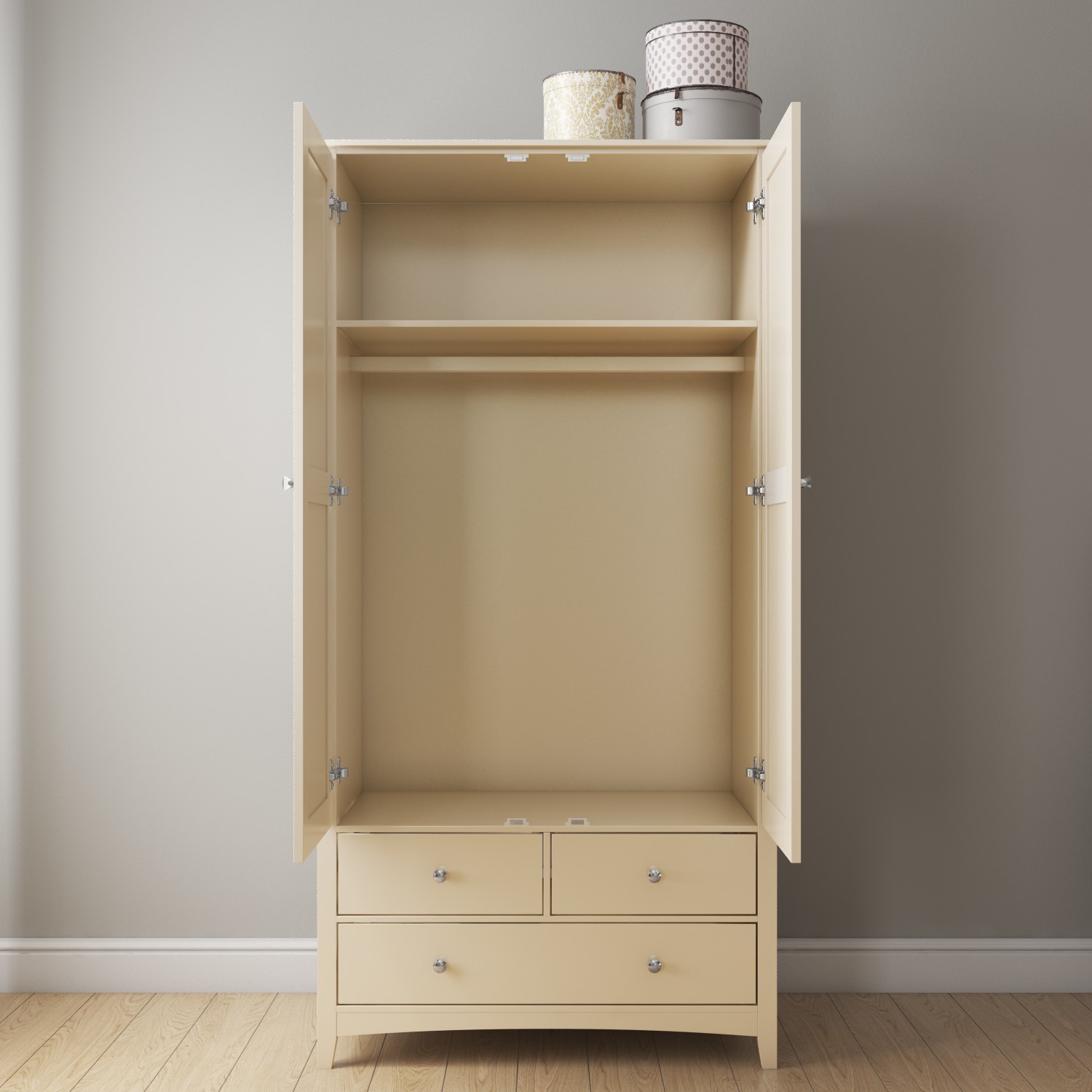 Double Wardrobe 2 Door 3 Drawer Combi Cream Ivory Storage Solid Wood