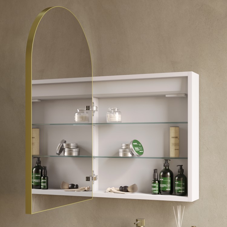 Single Door Brass Bathroom Mirror Cabinet with Lights, Demister & Shaver Socket 500 x 800mm - Empire