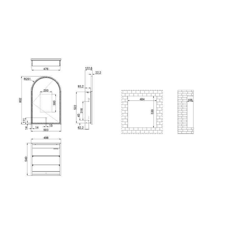 Single Door Brass Bathroom Mirror Cabinet with Lights Demister & Shaver Socket 500 x 800mm - Empire