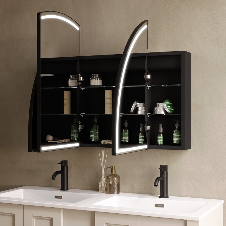 Triple Door Black Bathroom Mirror Cabinet with Lights, Demister & Shaver Socket 1200 x 690mm - Empire