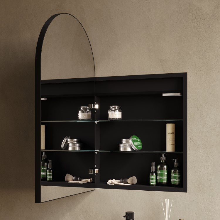 Single Door Black Bathroom Mirror Cabinet with Lights, Demister & Shaver Socket 500 x 800mm - Empire