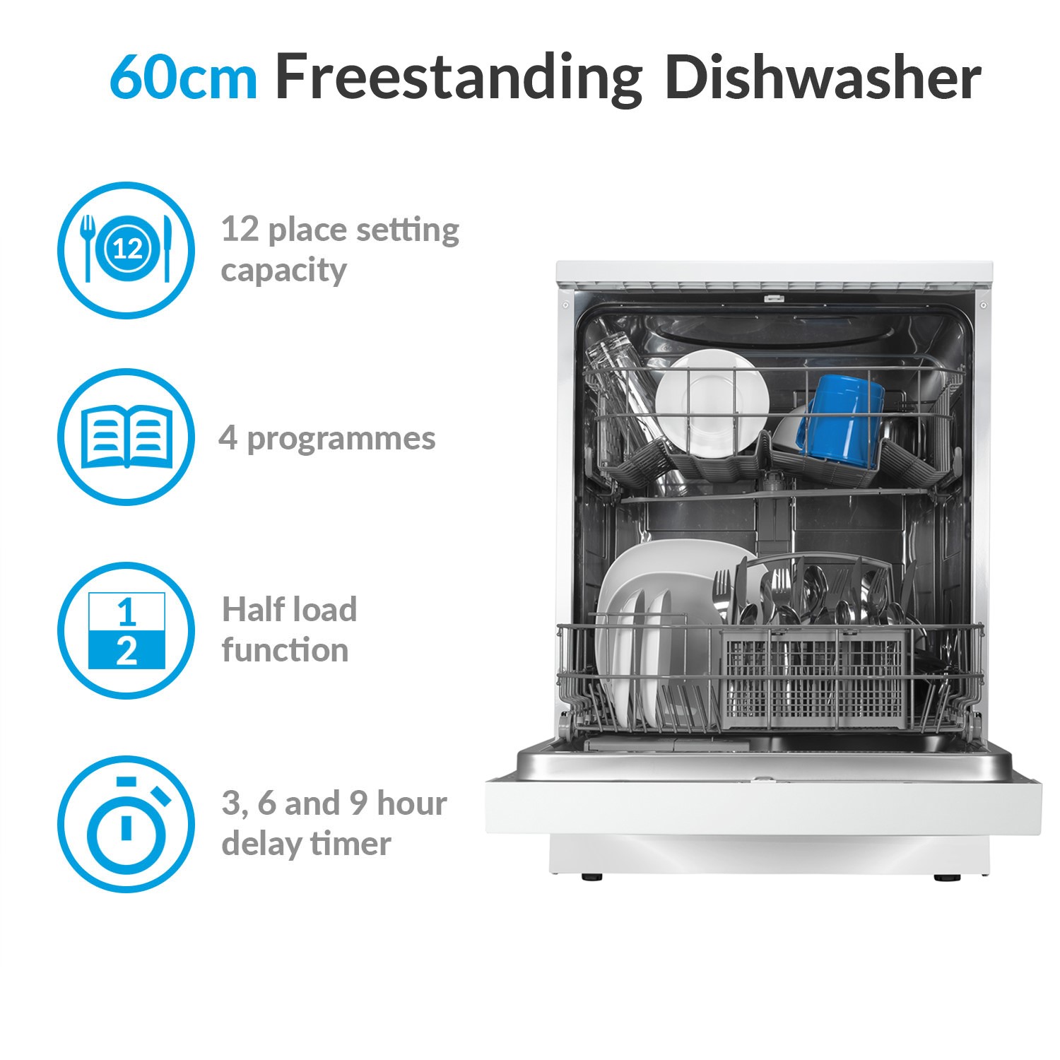 electriQ 12 Place Settings Freestanding Dishwasher White EQ60DW