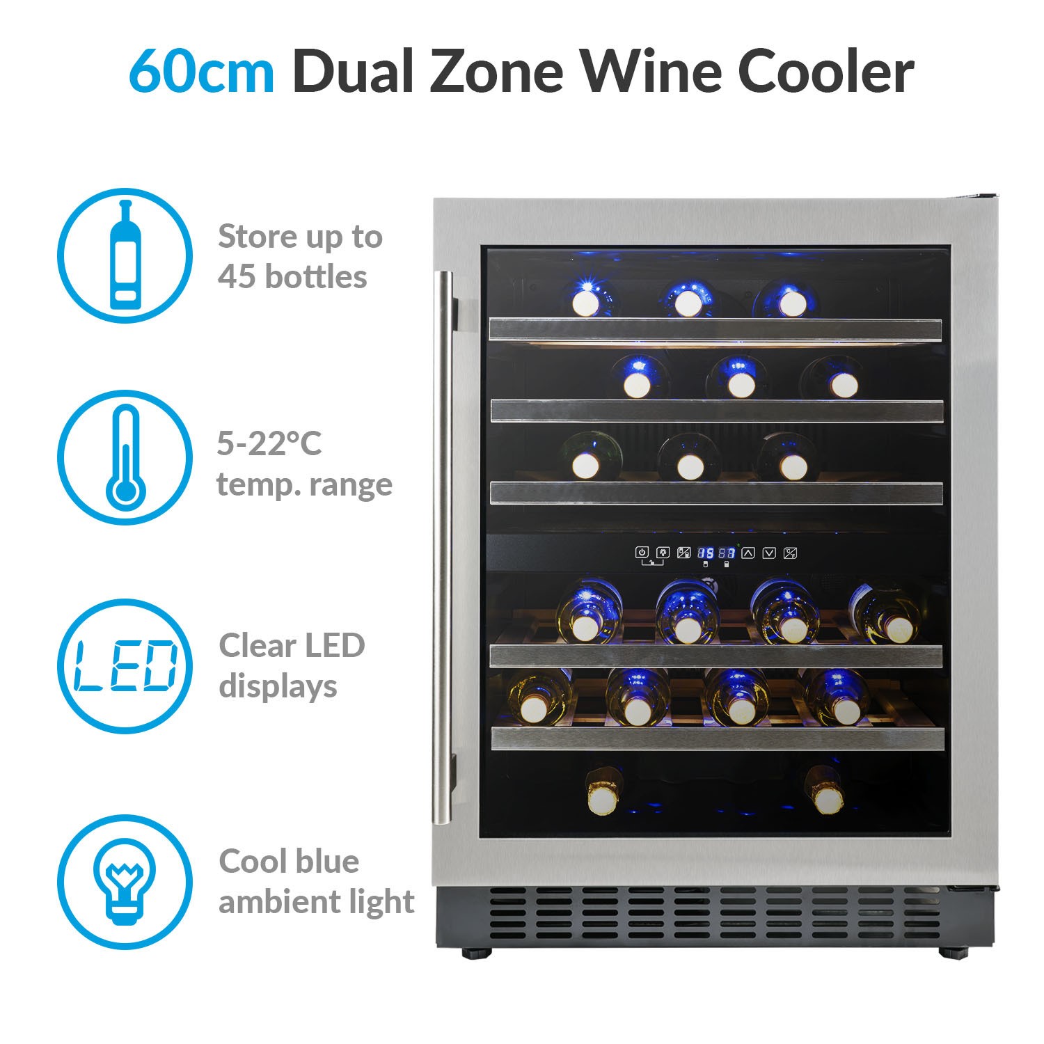 electriQ 45 Bottle Capactity Dual Zone Freestanding Under Counter Wine Cooler Stainless Steel