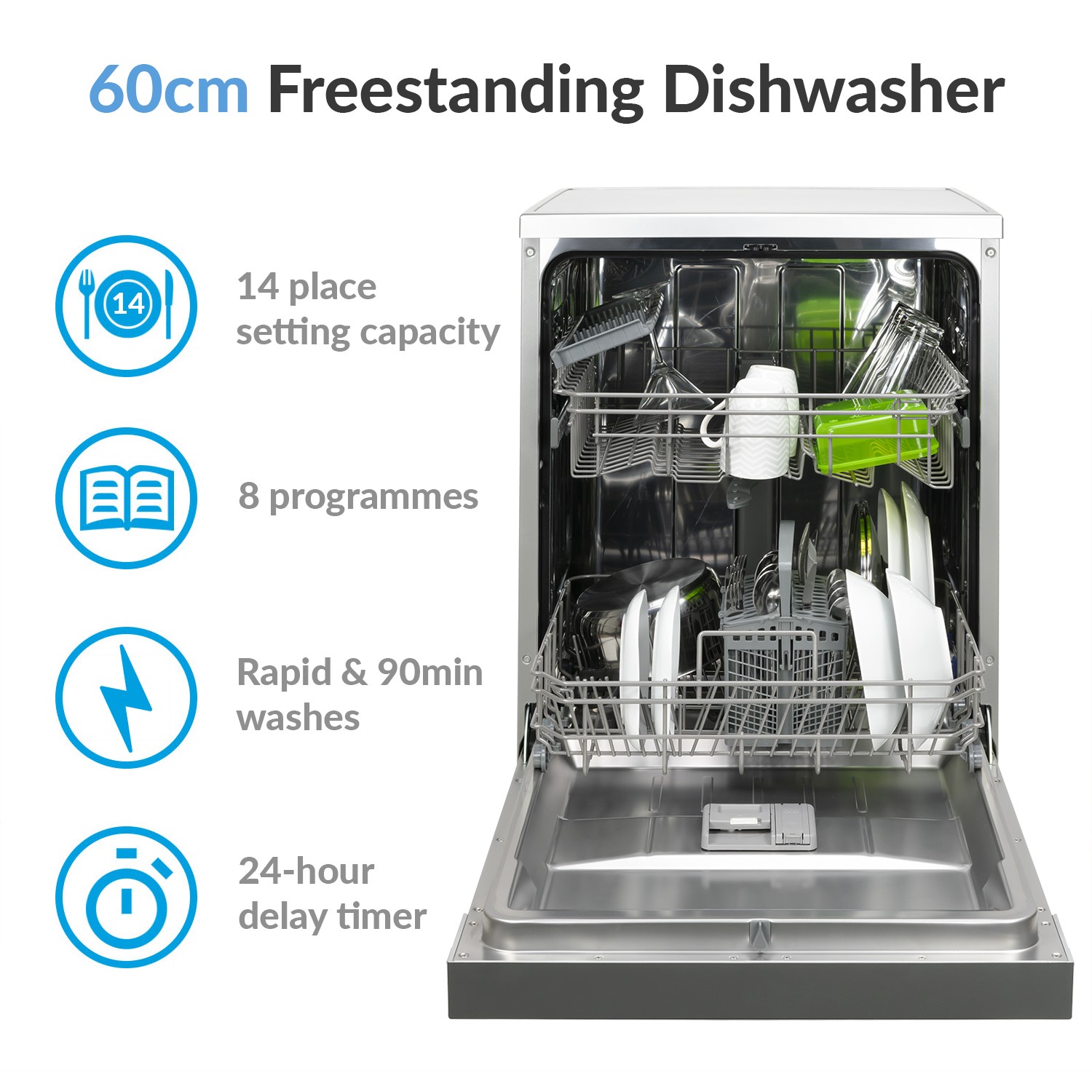 electriQ 14 Place Settings Freestanding Dishwasher Silver EQDW60SS