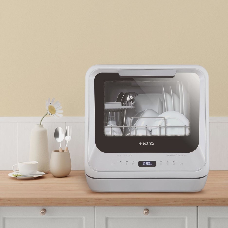 electriQ Freestanding Mini Table Top Dishwasher with Glass Front White EQDWTTGF Appliances