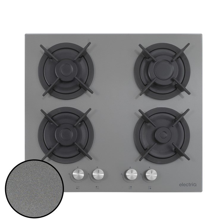 electriQ 60cm Gas on Glass 4 Burner Gas Hob - Lunar Grey