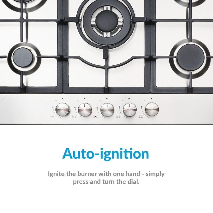 electriQ 75cm 5 Burner Gas Hob - Stainless Steel