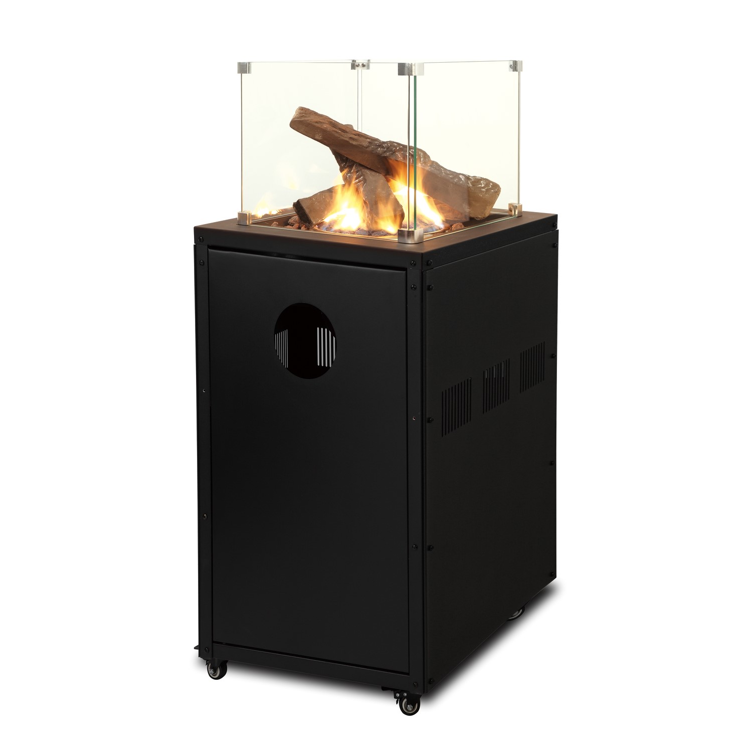 electriQ Glass Flame Patio Heater With Lava Rocks and Logs cover and reg included