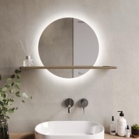 Round Backlit Heated Bathroom Mirror with Lights & Oak Shelf 500mm - Ersa Round Backlit Heated Bathroom Mirror with Lights & Oak Shelf 500mm - Ersa