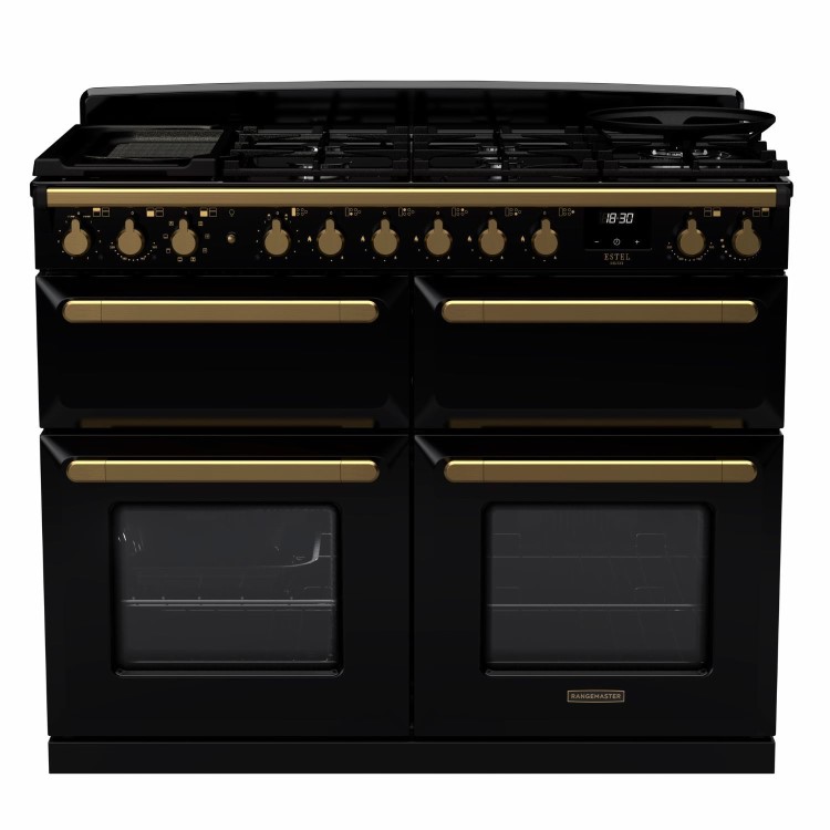 Rangemaster Estel Deluxe 110cm Dual Fuel Range Cooker - Gloss Gloss Black + Brass