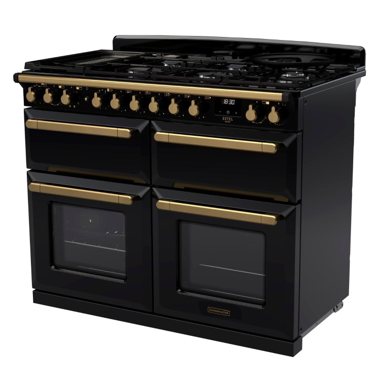 Rangemaster Estel Deluxe 110cm Dual Fuel Range Cooker - Gloss Gloss Black + Brass