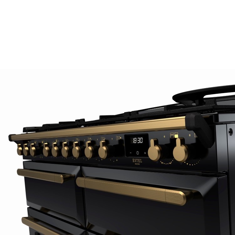 Rangemaster Estel Deluxe 110cm Dual Fuel Range Cooker - Gloss Gloss Black + Brass