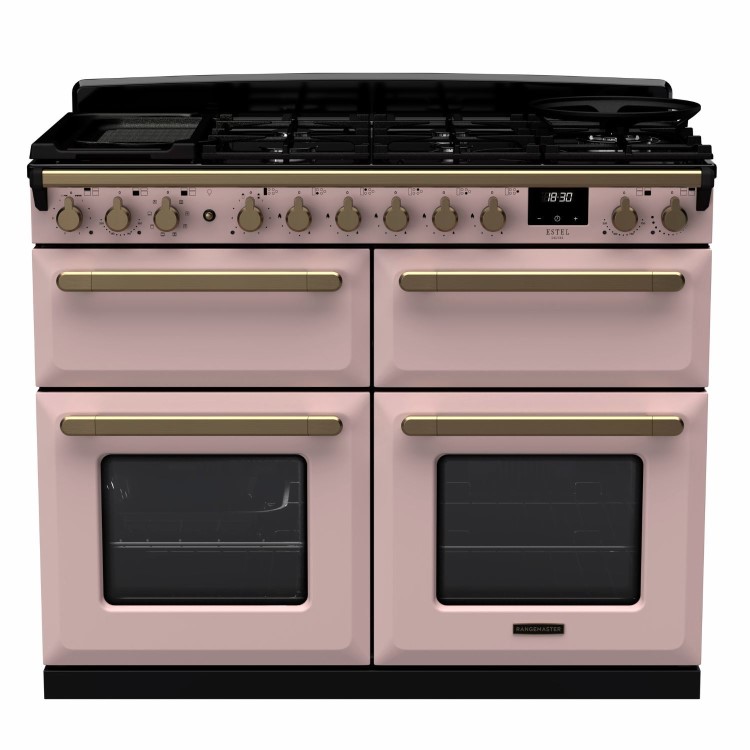 Rangemaster Estel Deluxe 110cm Dual Fuel Range Cooker - Pale Pink + Brass
