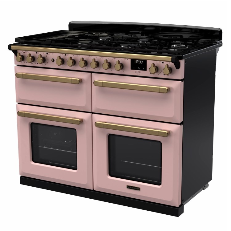 Rangemaster Estel Deluxe 110cm Dual Fuel Range Cooker - Pale Pink + Brass