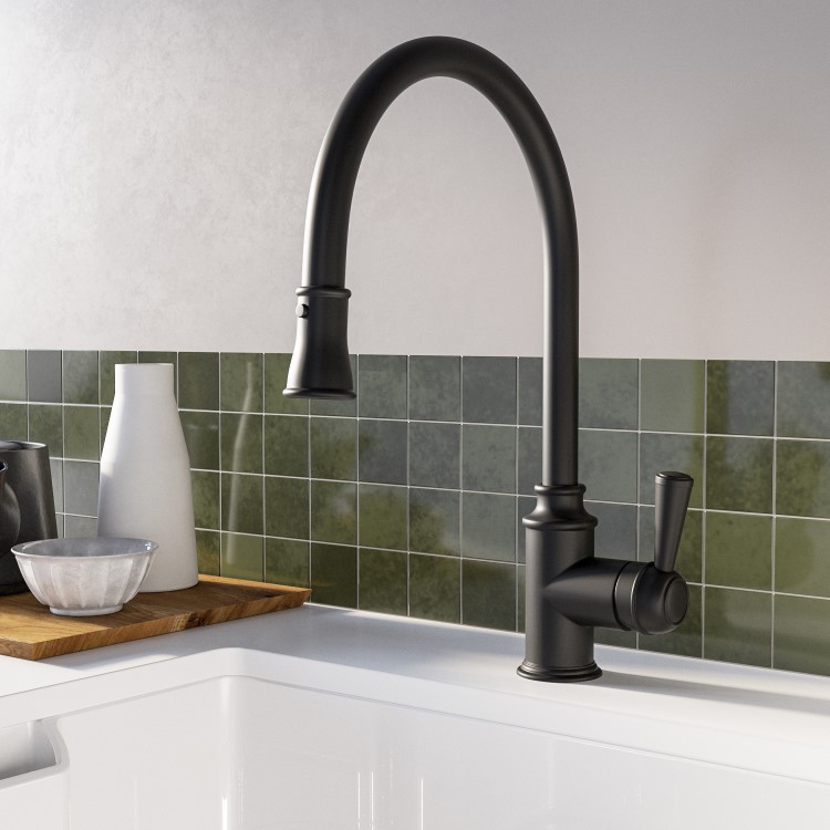 ONLY OPENED - Traditional Single Lever Pull Out Matt Black Monobloc Kitchen Sink Mixer Tap - Evelyn