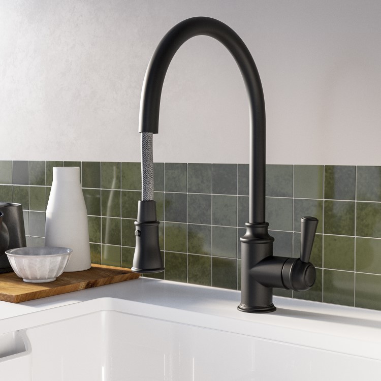 ONLY OPENED - Traditional Single Lever Pull Out Matt Black Monobloc Kitchen Sink Mixer Tap - Evelyn