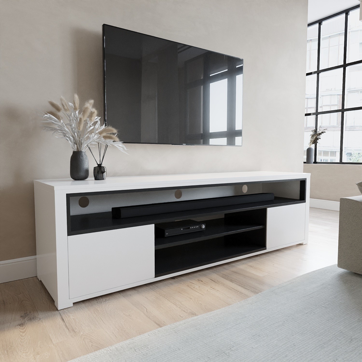 White Gloss TV Unit with Storage - TV's up to 77 - Neo