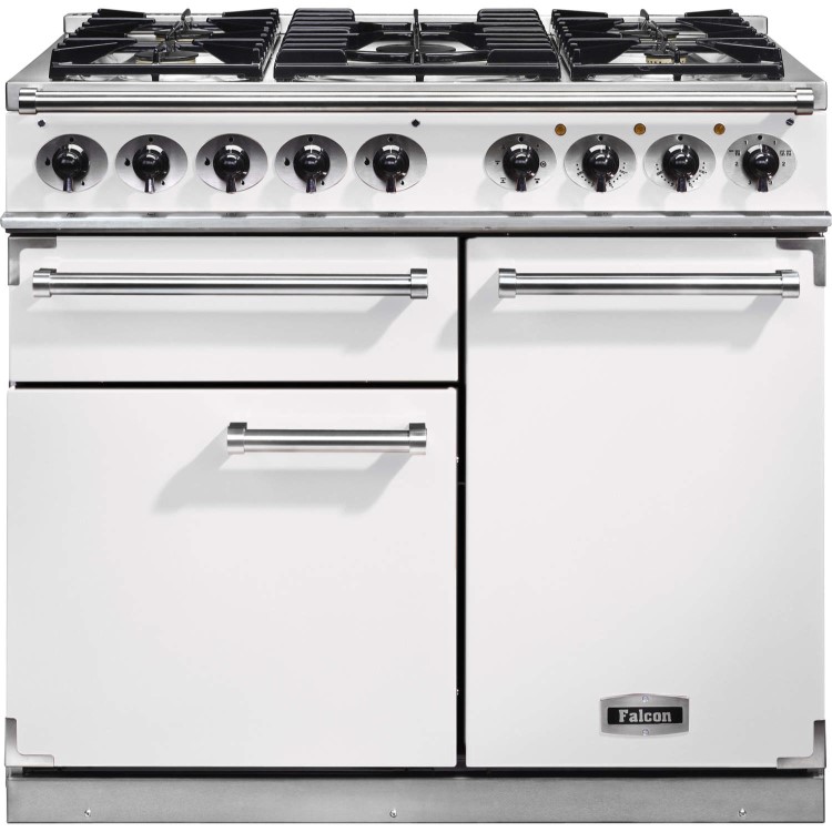 Falcon 98650 1000 Deluxe Dual Fuel Range Cooker - White - Matt Pan Stands