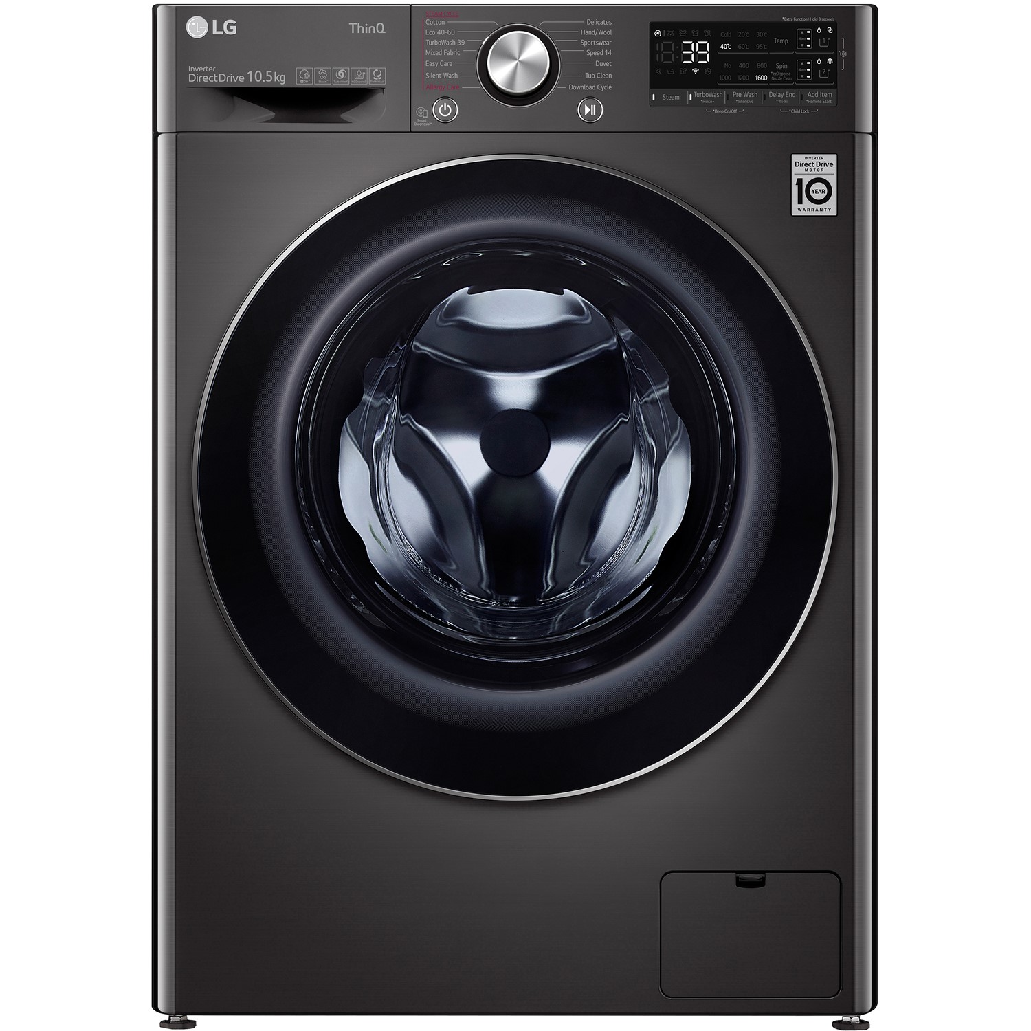LG V9 EZDispense 10.5kg 1400rpm Freestanding Washing Machine - Black Steel