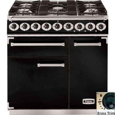 Falcon Deluxe 90cm Dual Fuel Range Cooker - Black with Brass Trim