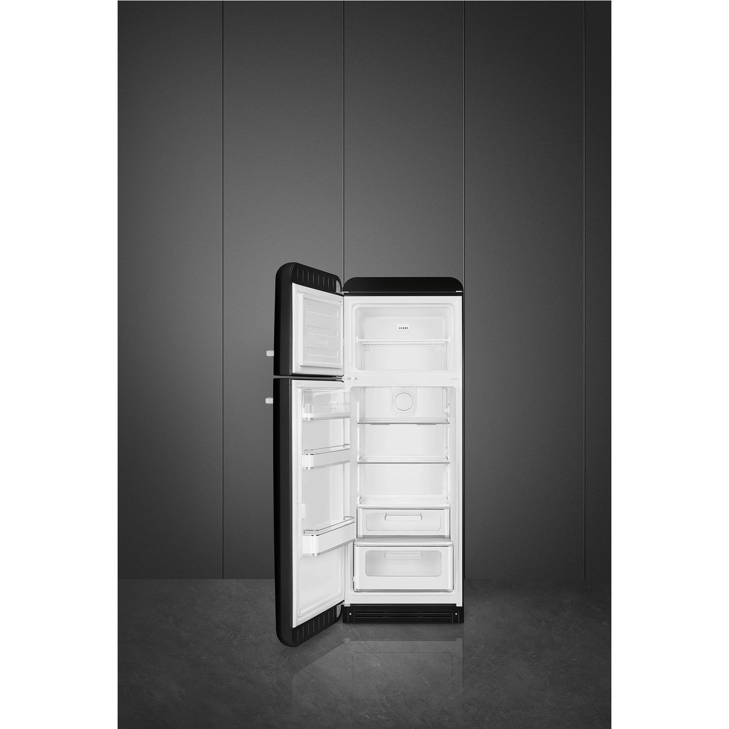 Smeg 294 Litre Fifties Style Left Hand Hinge Top Mount Fridge Freezer - Black Smeg 294 Litre Fifties Style Left Hand Hinge Top Mount Fridge Freezer - Black