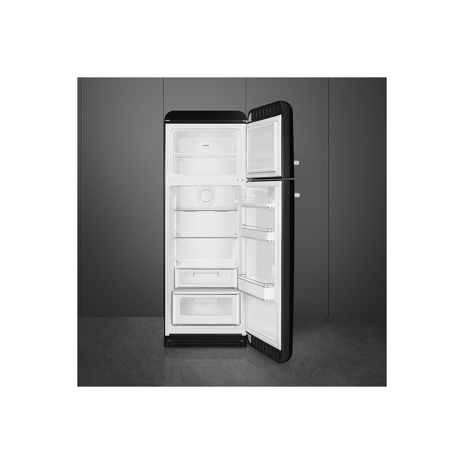 Smeg 294 Litre Fifties Style Right Hand Hinge Top Mount Fridge Freezer - Black Smeg 294 Litre Fifties Style Right Hand Hinge Top Mount Fridge Freezer - Black